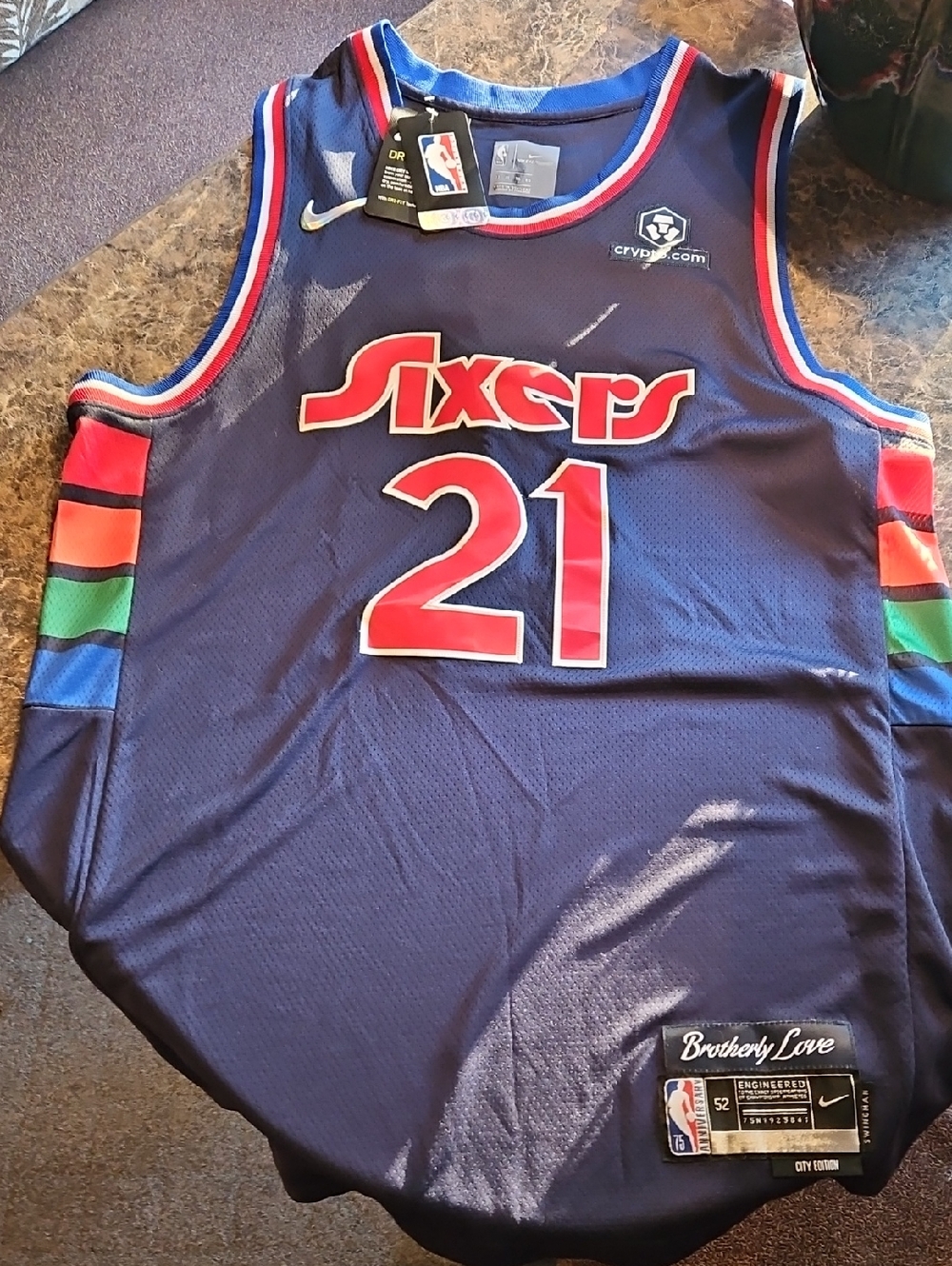 Nike Navy Sixers #21 Basketball Jersey with Multicolor Side Stripes